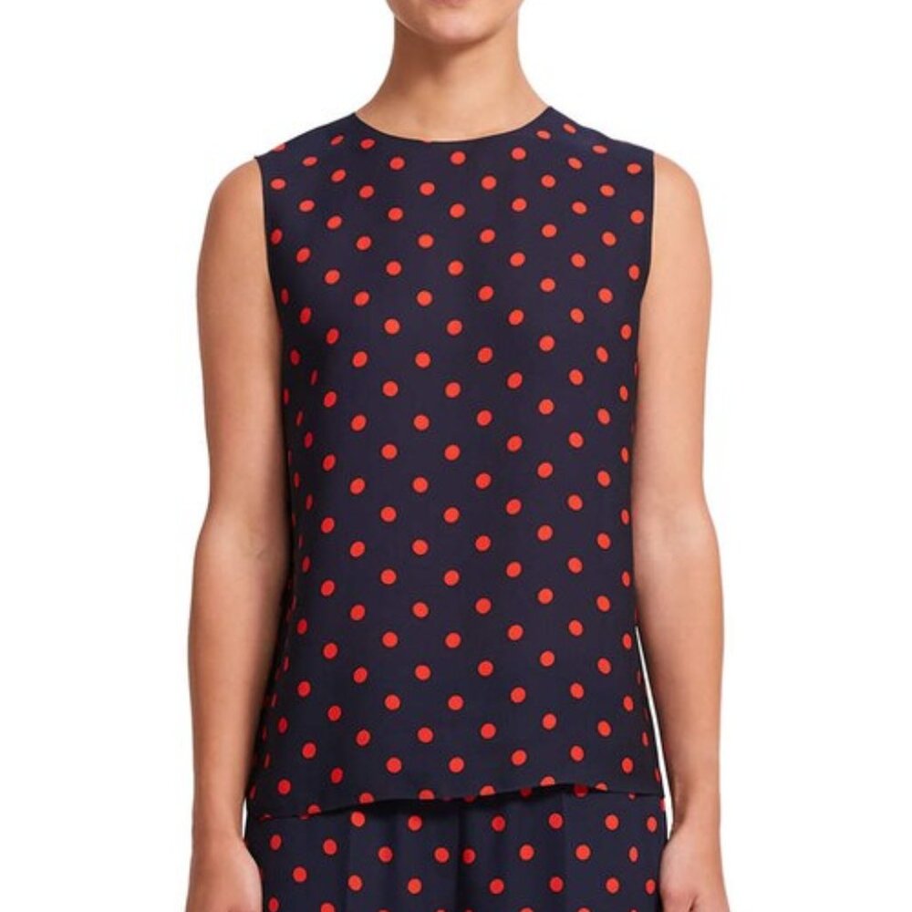 NEW Theory Medium Silk Top Polka-Dot Shell Sleeveless Blouse, Deep Navy
